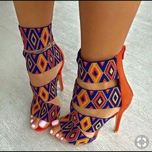 Orange Faux Suede Tribal Strap Heels